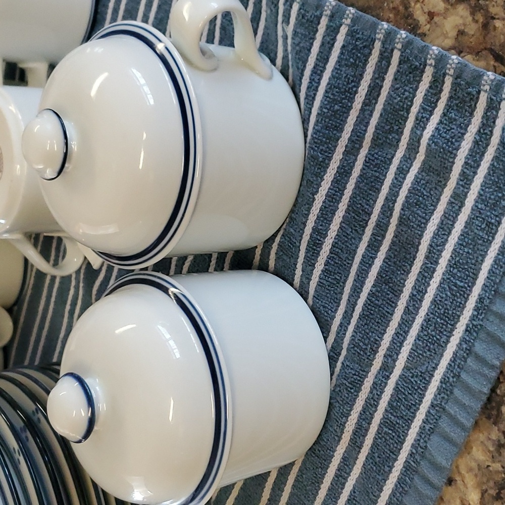 Dansk Bistro Fredriksborg Blue Coffee Mugs Saucers Cream Sugar Set of 30 - Picture 6 of 12